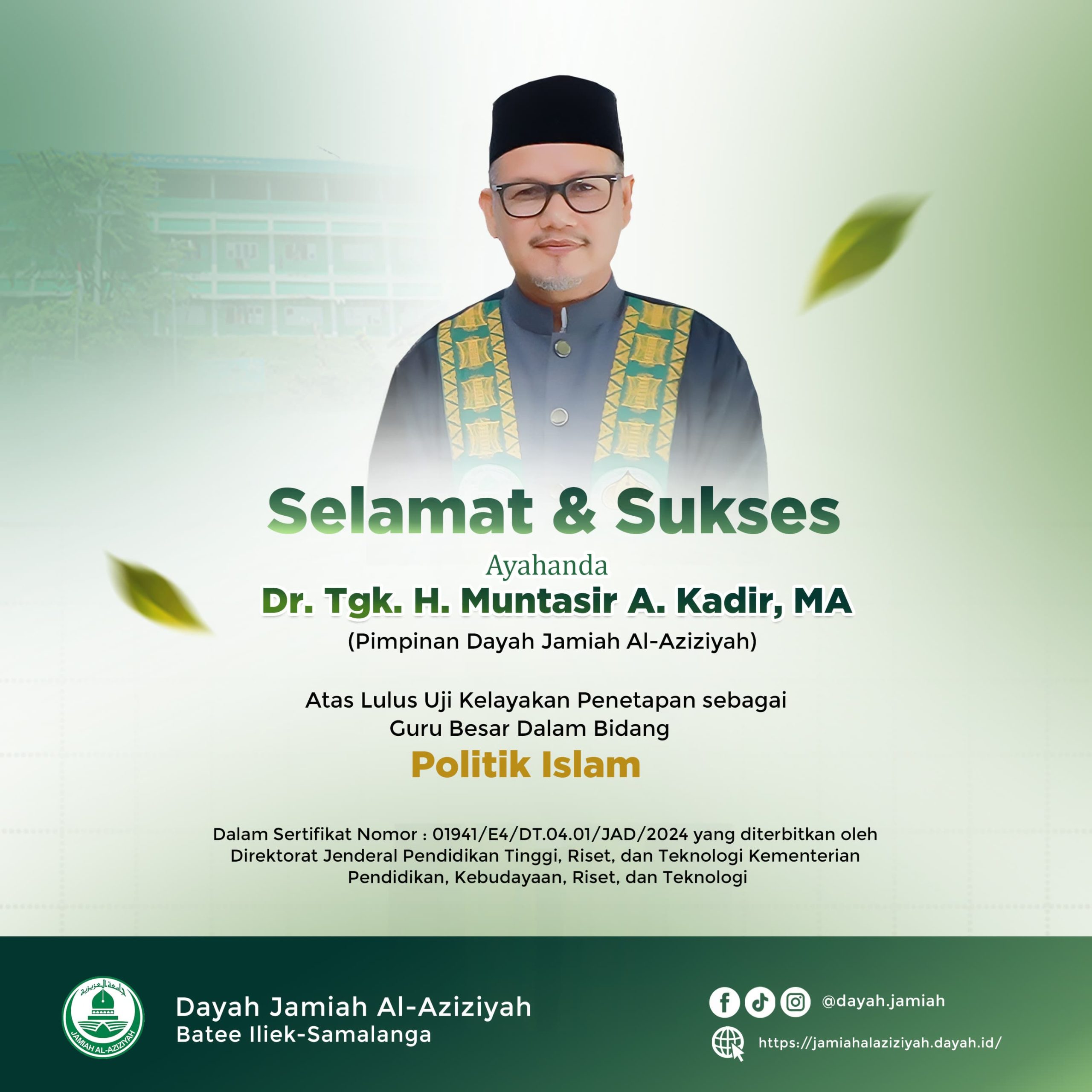 Pimpinan Dayah Jamiah Al-Aziziyah Batee Iliek Ayah Muntasir Lolos Uji Kelayakan sebagai Guru Besar
